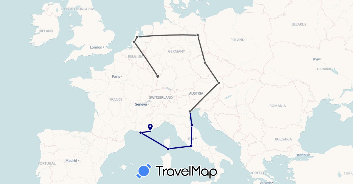 TravelMap itinerary: driving, motorbike in Austria, Czech Republic, Germany, France, Italy, Netherlands (Europe)